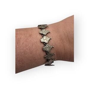 Mid Century 1950s Silver Shield Link Bracelet Etched Panels Vintage Jewelry